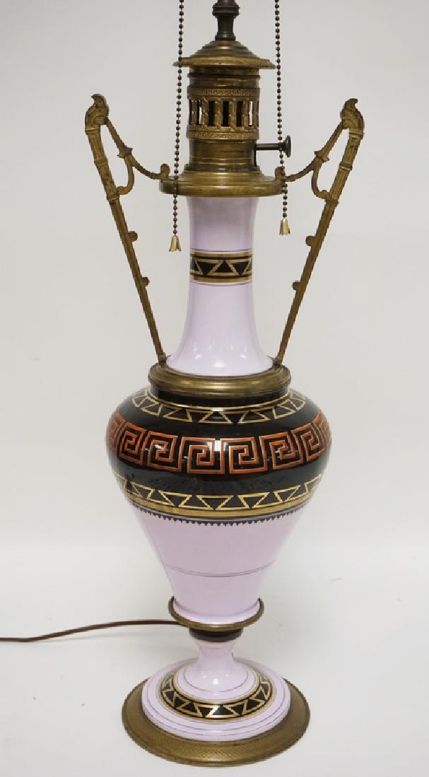 PORCELAIN TABLE LAMP., HAND PAINTED AND BRONZE MOUNTED.: PORCELAIN TABLE LAMP., HAND PAINTED AND BRONZE MOUNTED. 34 1/4 INCHES HIGH.
