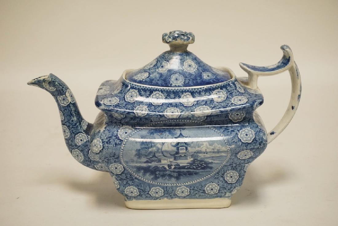 BLUE TRANSFERWARE TEAPOT WITH AN ORIENTAL SCENE. FINIAL (1 of 4)