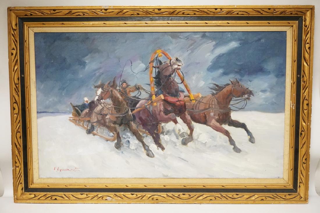 VLADIMIR LAZAREV OIL PAINTING ON CANVAS OF A HORSE: VLADIMIR LAZAREV OIL PAINTING ON CANVAS OF A HORSE DRAWN SLED IN THE SNOW. SIGNED LOWER LEFT. 39 1/2 X 23 1/2 INCHES.