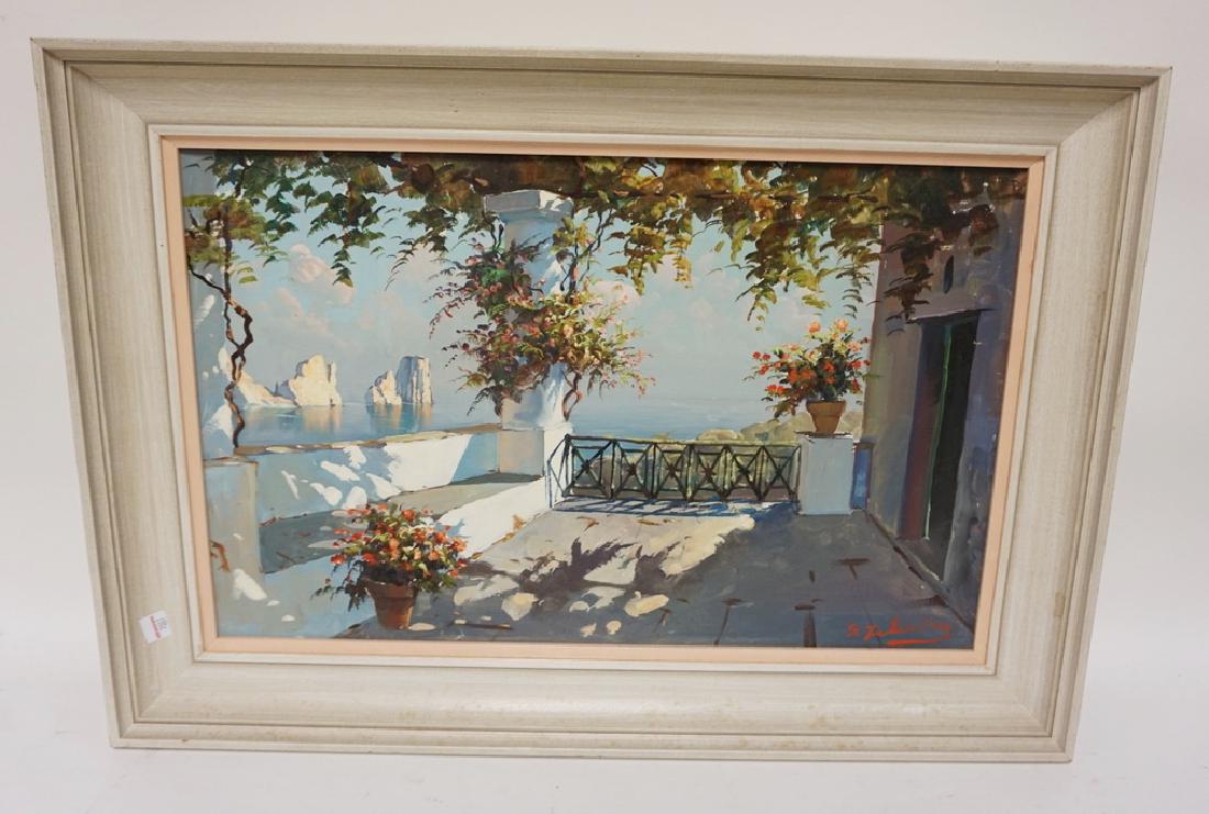 SIGNED O/C SHORE SCENE FROM A BALCONY. 14 1/4 IN X 22 (1 of 2)