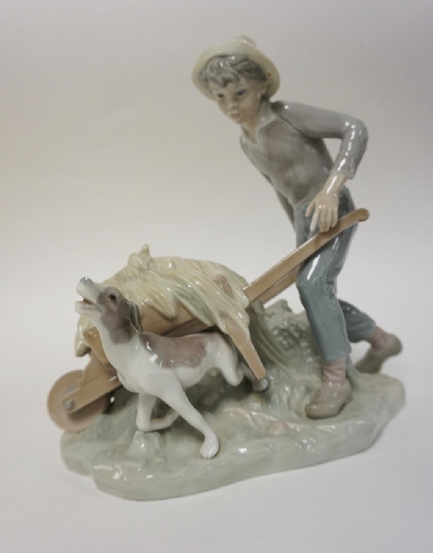 LLADRO BOY WITH WHEEL BARROW AND DOG. 8 IN WIDE, 8 1/2 (1 of 2)