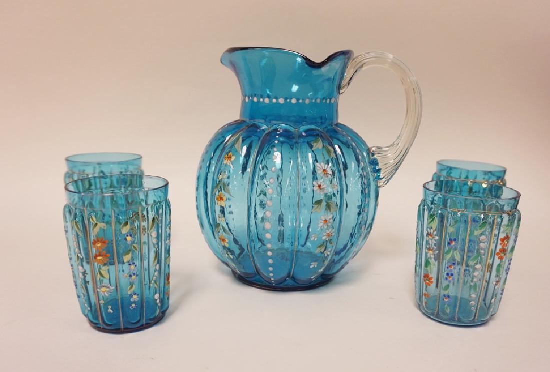 VICTORIAN AQUA BLUE BLOWN AND ENAMELED 5 PC WATER SET (1 of 2)