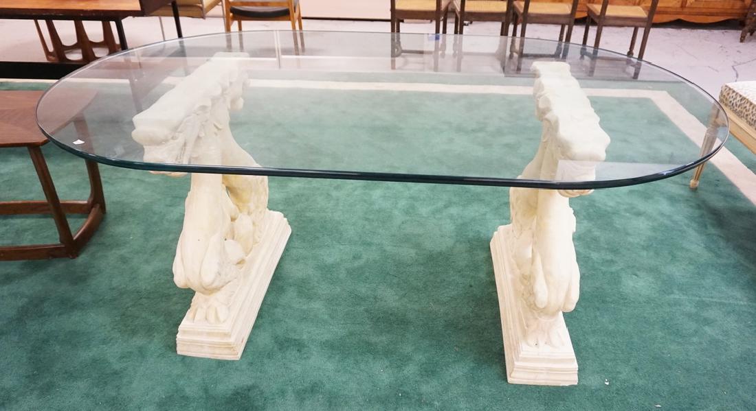 OVAL GLASS TOP DINING TABLE WITH WINGED GRIFFEN BASE. (1 of 2)
