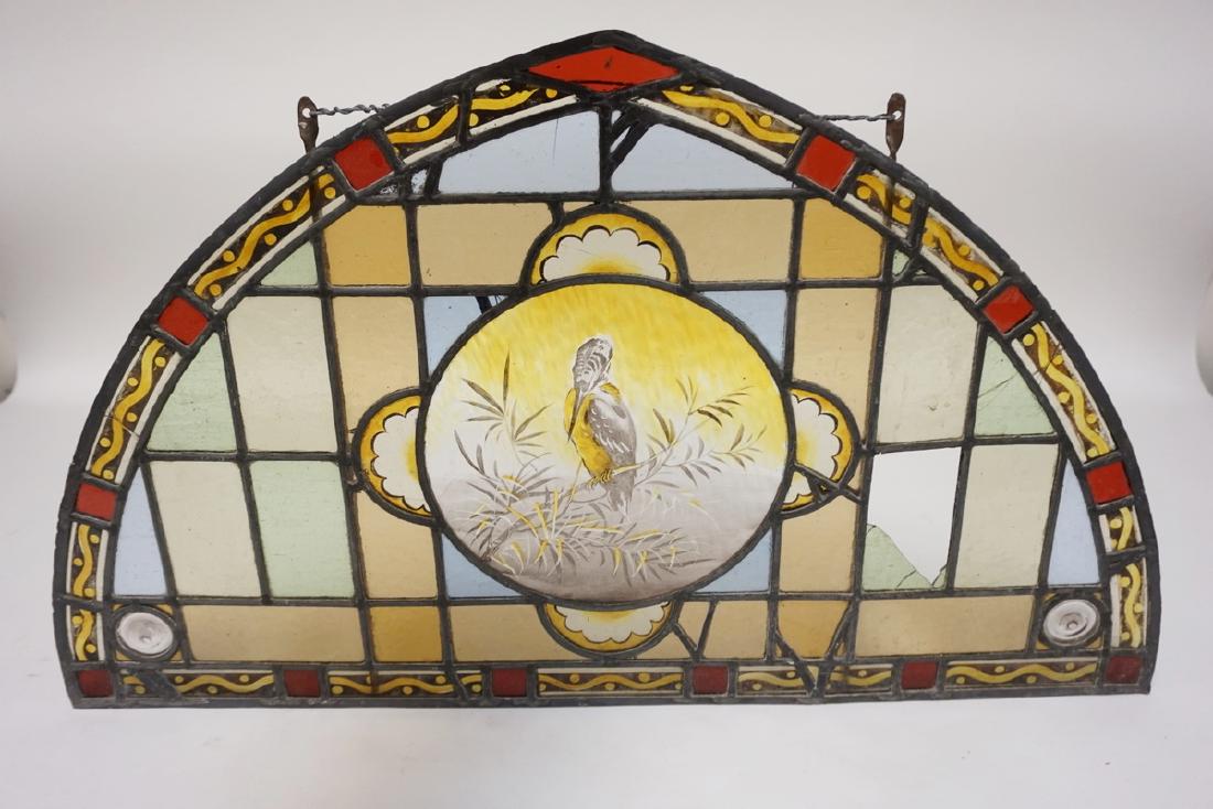 LEADED GLASS WINDOW WITH A HAND PAINTED MEDALLION IN (1 of 2)