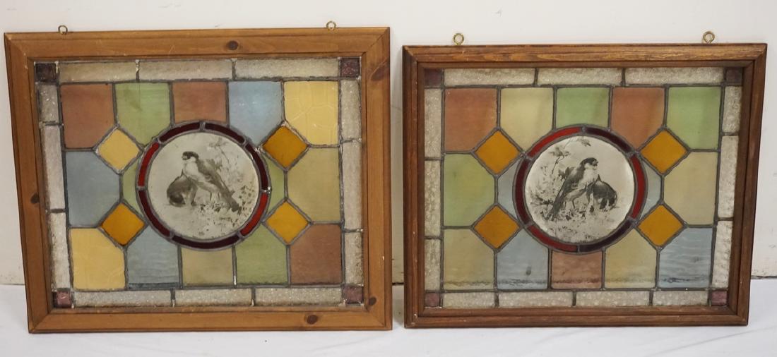 PAIR OF LEADED GLAS WINDOWS WITH TRANSFER DECORATION OF: PAIR OF LEADED GLAS WINDOWS WITH TRANSFER DECORATION OF BIRDS IN THE CENTER,SOME LOSSES. 2 1/2 X 18 INCHES.