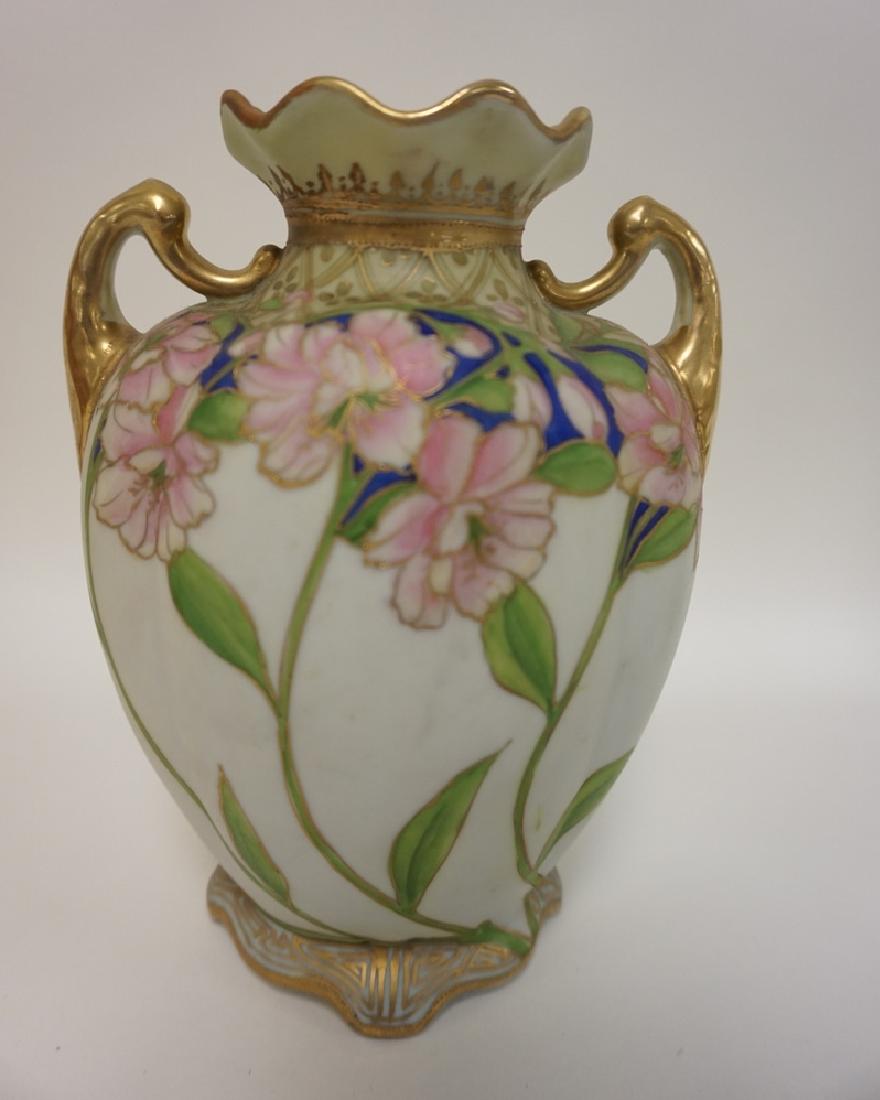 HAND PAINTED NIPPON VASE WITH PINK FLOWERS. GREEN: HAND PAINTED NIPPON VASE WITH PINK FLOWERS. GREEN WREATH MARK. 8 1/2 IN H
