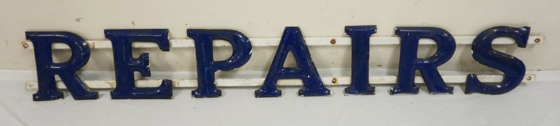 VINTAGE ENAMEL REPAIRS SIGN. FRAME IS 73 1/4 IN WIDE, (1 of 1)