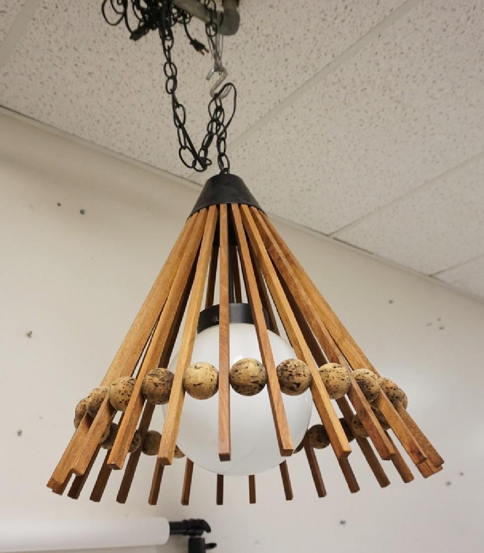 MODERN HANGING LIGHT WITH WOOD FRAME AND CORK SPACERS. (1 of 3)