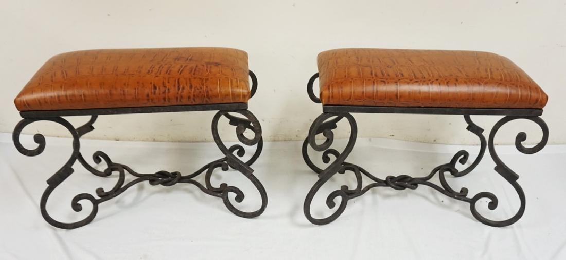 PAIR OF FAUX ALLIGATOR STOOLS WITH FANCY IRON BASES. (1 of 3)