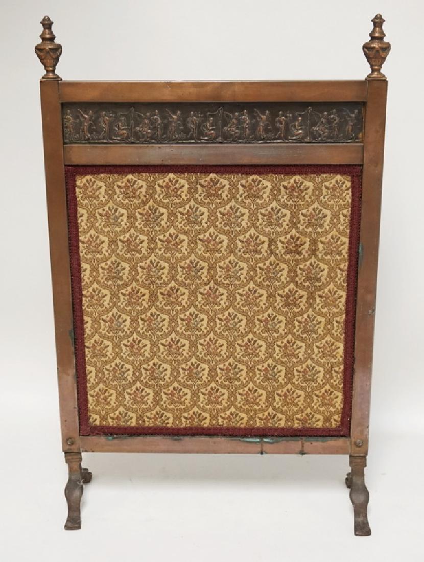 COPPER SCREEN WITH A TAPESTRY PANEL. URN FINIALS. (1 of 2)