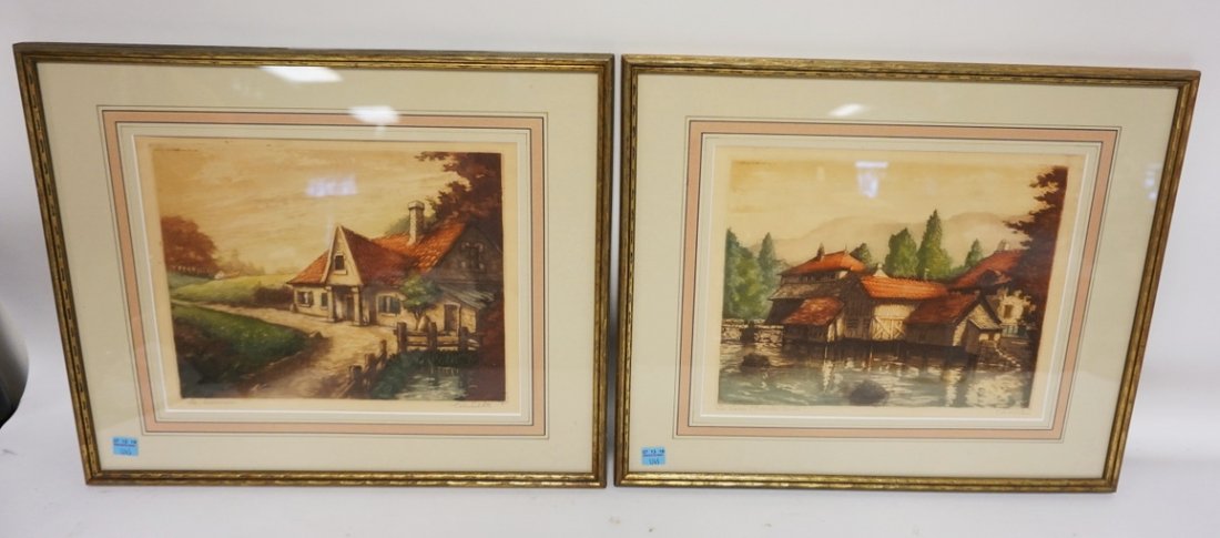 GROUP OF 2 PENCIL SIGNED COLOR ETCHINGS OF COTTAGES. (1 of 1)
