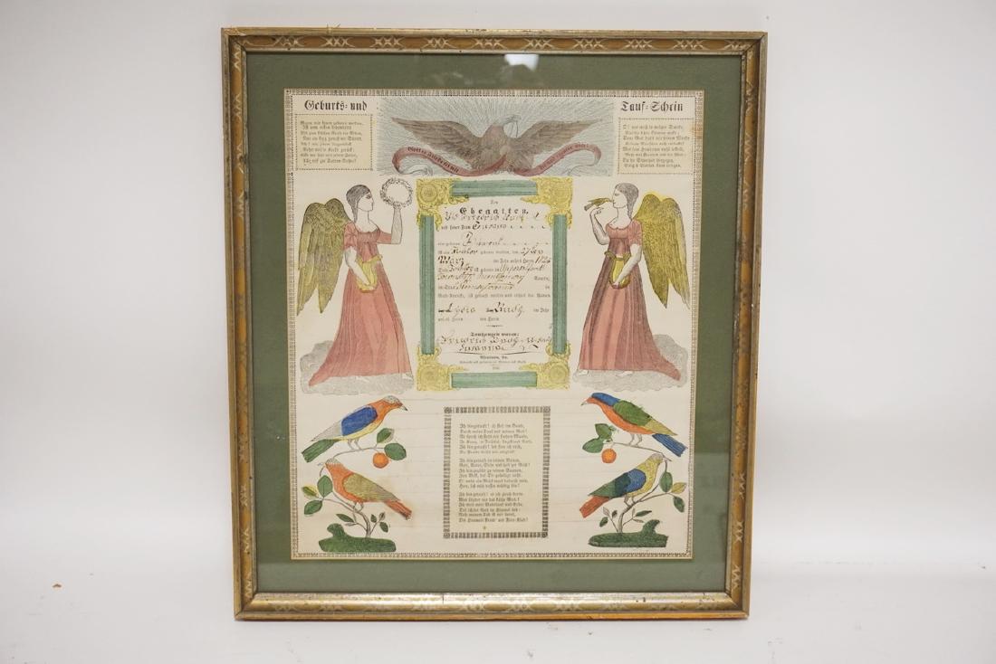 PARTIALLY HAND COLORED PENNSYLVANIA DUTCH FRAKTUR.: PARTIALLY HAND COLORED PENNSYLVANIA DUTCH FRAKTUR. 1846. 13 1/4 X 15 1/2 INCHES.