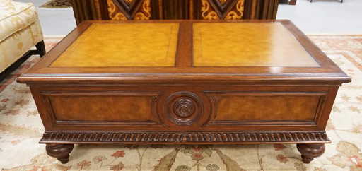Ethan Allen Carved Leather Top Coffee Table With 2 Side
