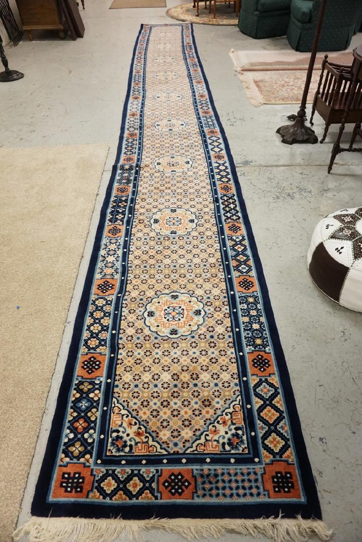 LONG CHINESE RUNNER IN PINK AND BLUE. 2 FT 8 IN X 21 FT (1 of 3)