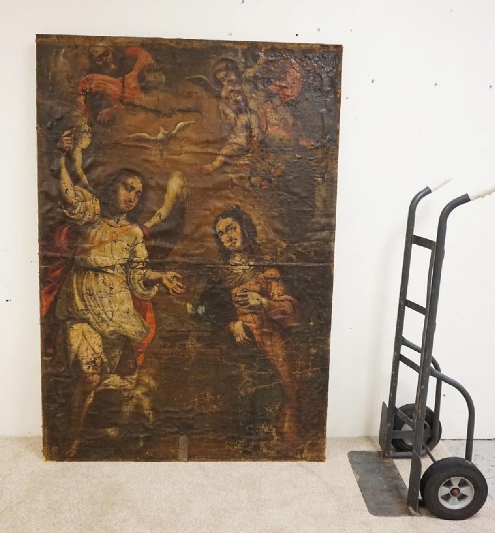 LARGE EARLY OIL ON CANVAS. RESTRETCHED. 50 1/2IN X 73 (1 of 8)