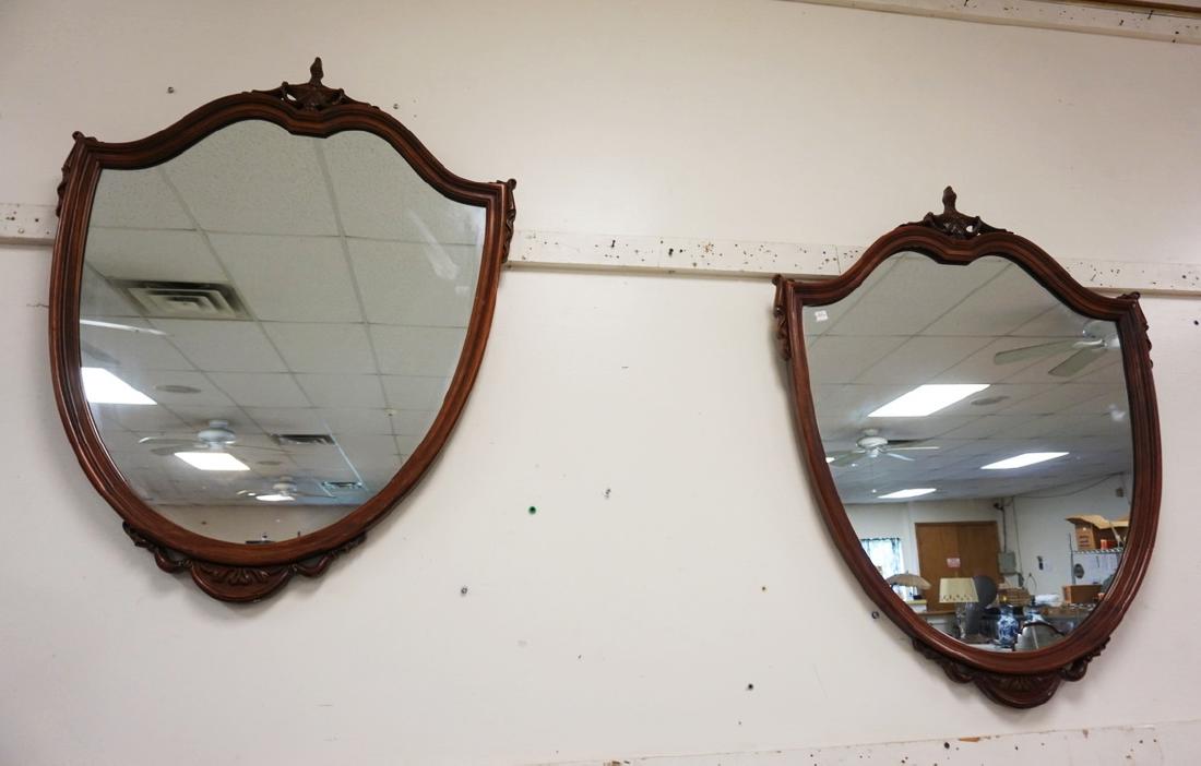 PAIR OF CARVED MAHOGANY SHIELD FORM MIRRORS. 29 IN X 37 (1 of 3)