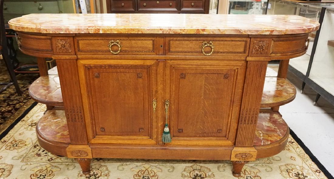 CARVED OAK SIDEBOARD WITH RED MARBLE TOP AND SHELVES. (1 of 4)