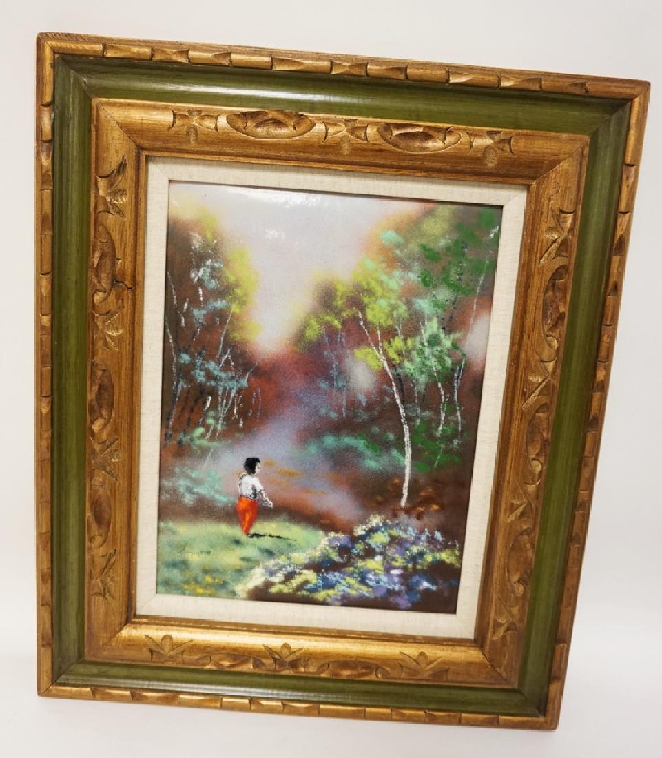 ENAMEL ON COPPER SIGNED SIMON. CHILD BY A STREAM.: ENAMEL ON COPPER SIGNED SIMON. CHILD BY A STREAM. FRAMED, 11 3/4 IN X 15 1/2 IN