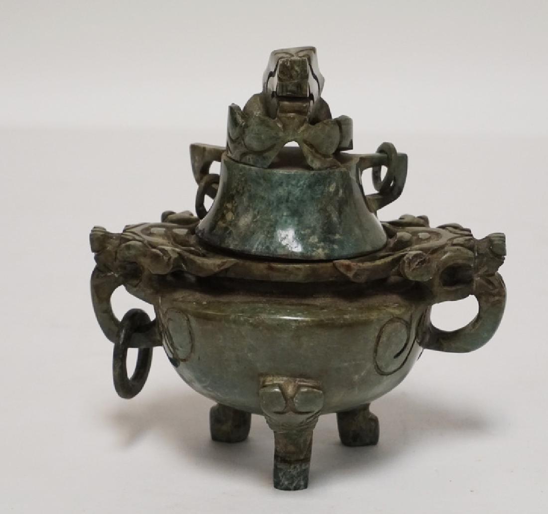 CARVED ASIAN GREEN STONE CENSER. 5 5/8 INCHES HIGH. 5 (1 of 3)
