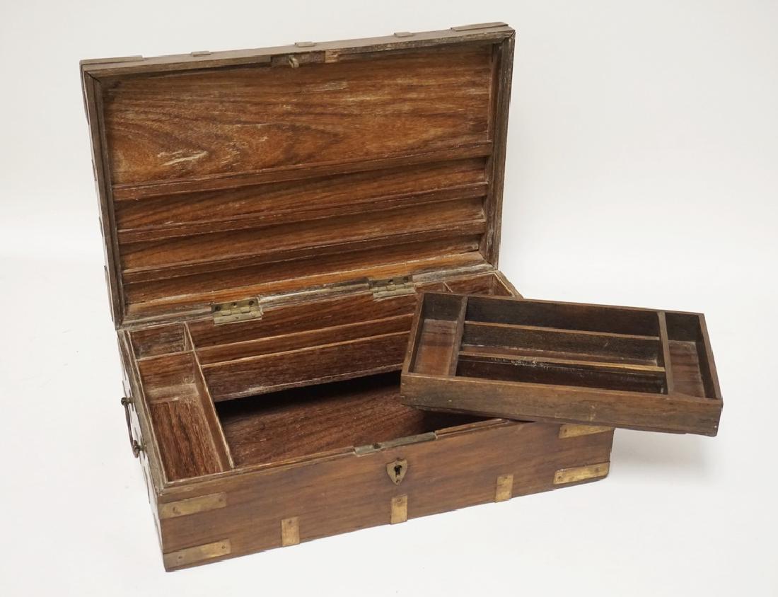 ANTIQUE BOX. BRASS BOUND. COMPARTMENTED INTERIOR WITH A (1 of 3)