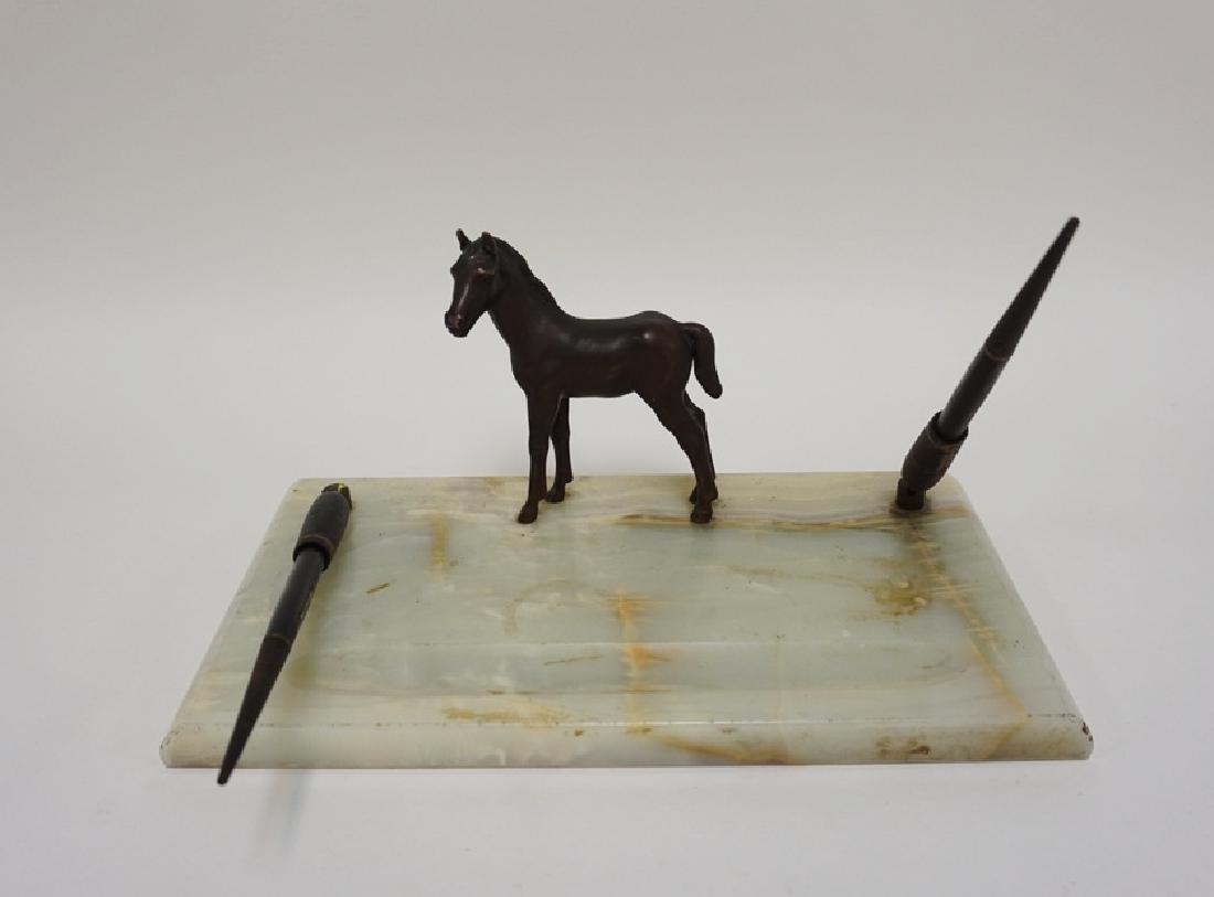 ALABASTER DESK SET WITH METAL FIGURE OF A COLT. (1 of 1)