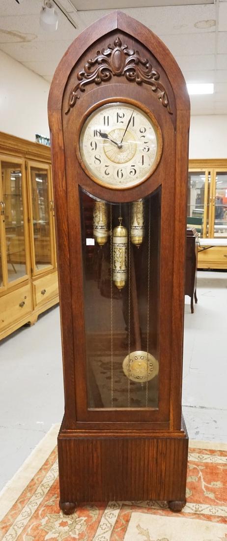GERMAN CARVED OAK TALL CASE CLOCK. 82 INCHES HIGH. 23 (1 of 6)