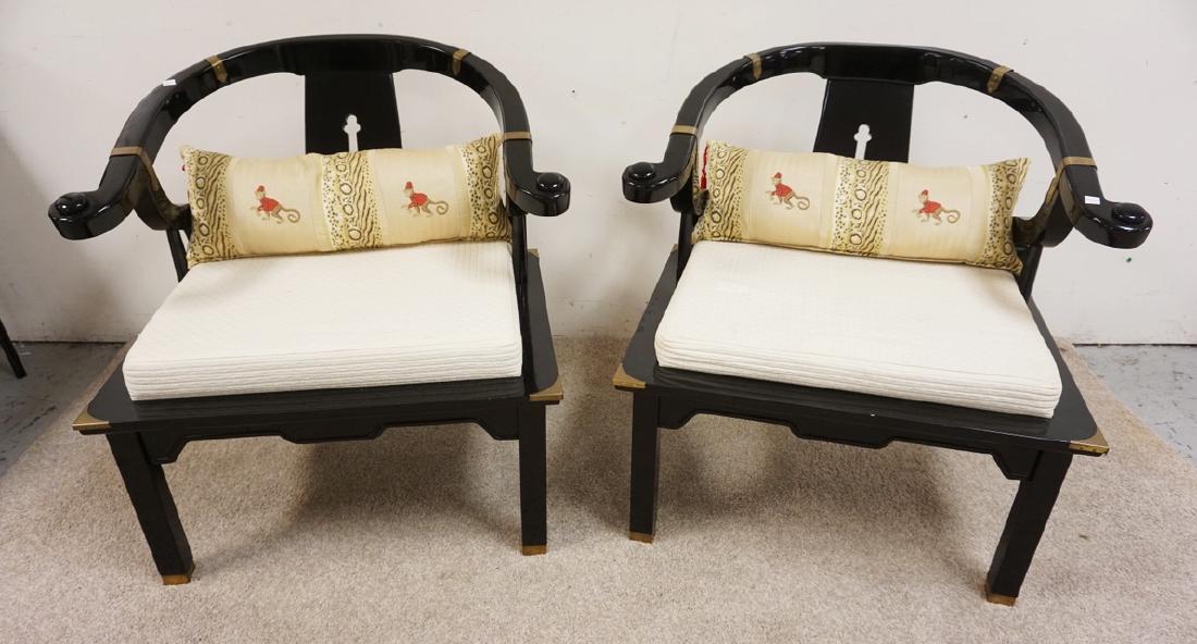 PAIR OF ASIAN STYLE CHAIRS IN BLACK LACQUER. (1 of 2)