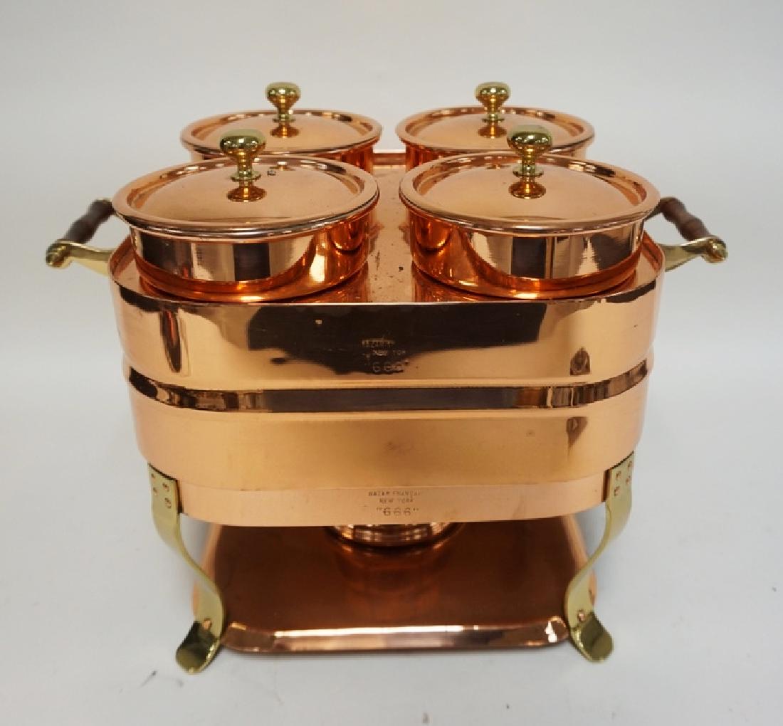 COPPER AND BRASS 4 POT WARMER FROM BAZAR FRANCAIS NY. (1 of 3)