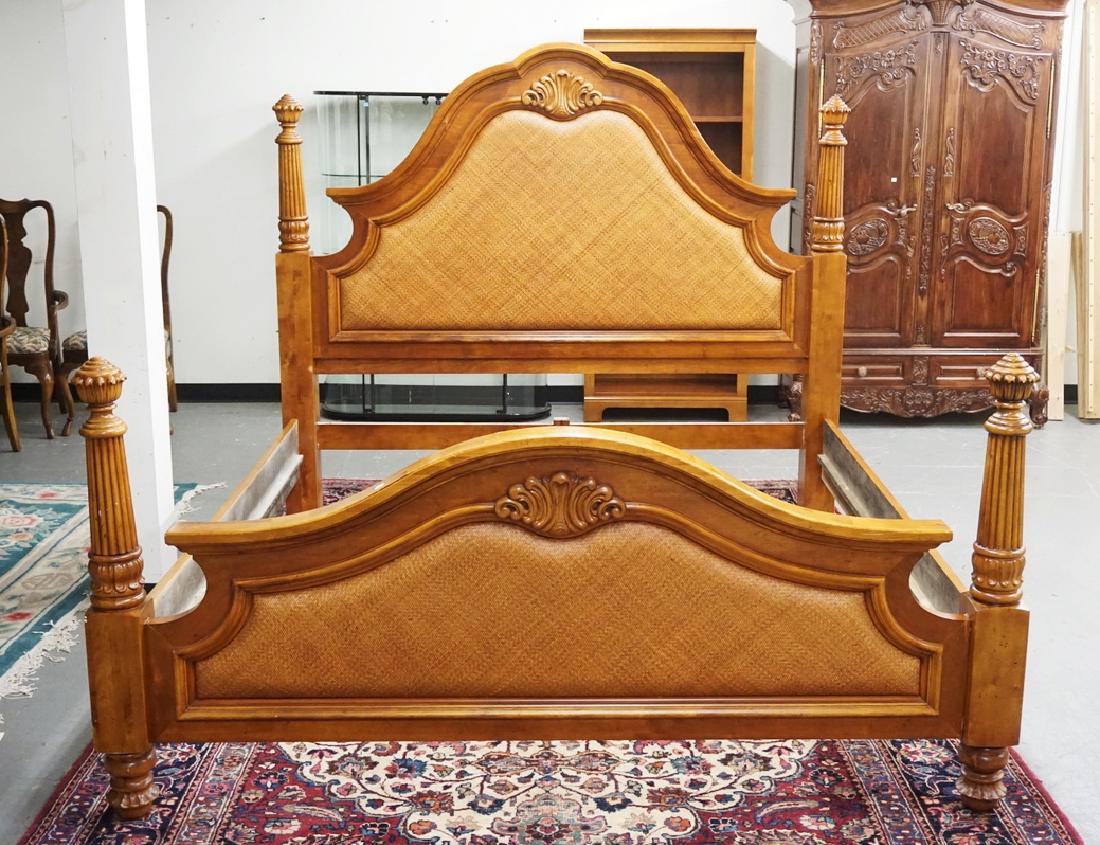 KING SIZE BED WITH A CANED HEAD AND FOOTBOARD.: KING SIZE BED WITH A CANED HEAD AND FOOTBOARD.