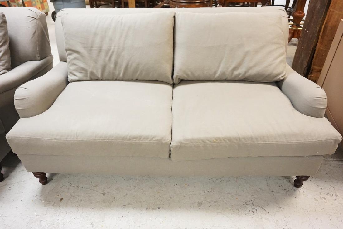 POTTERY BARN LOVESEAT IN GREY. (1 of 1)