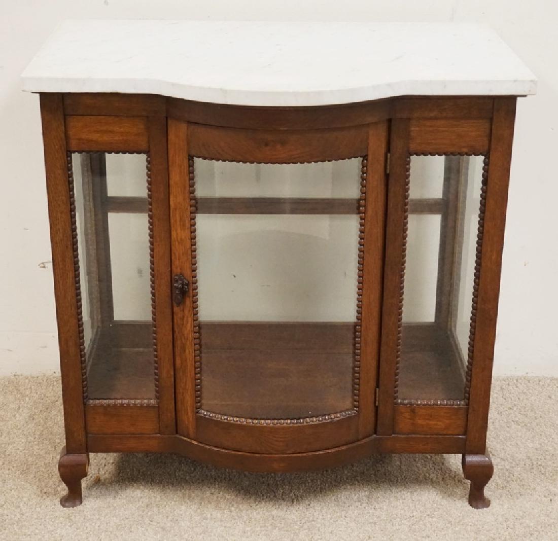 ANTIQUE OAK CURIO WITH A MARBLE TOP. BEADED