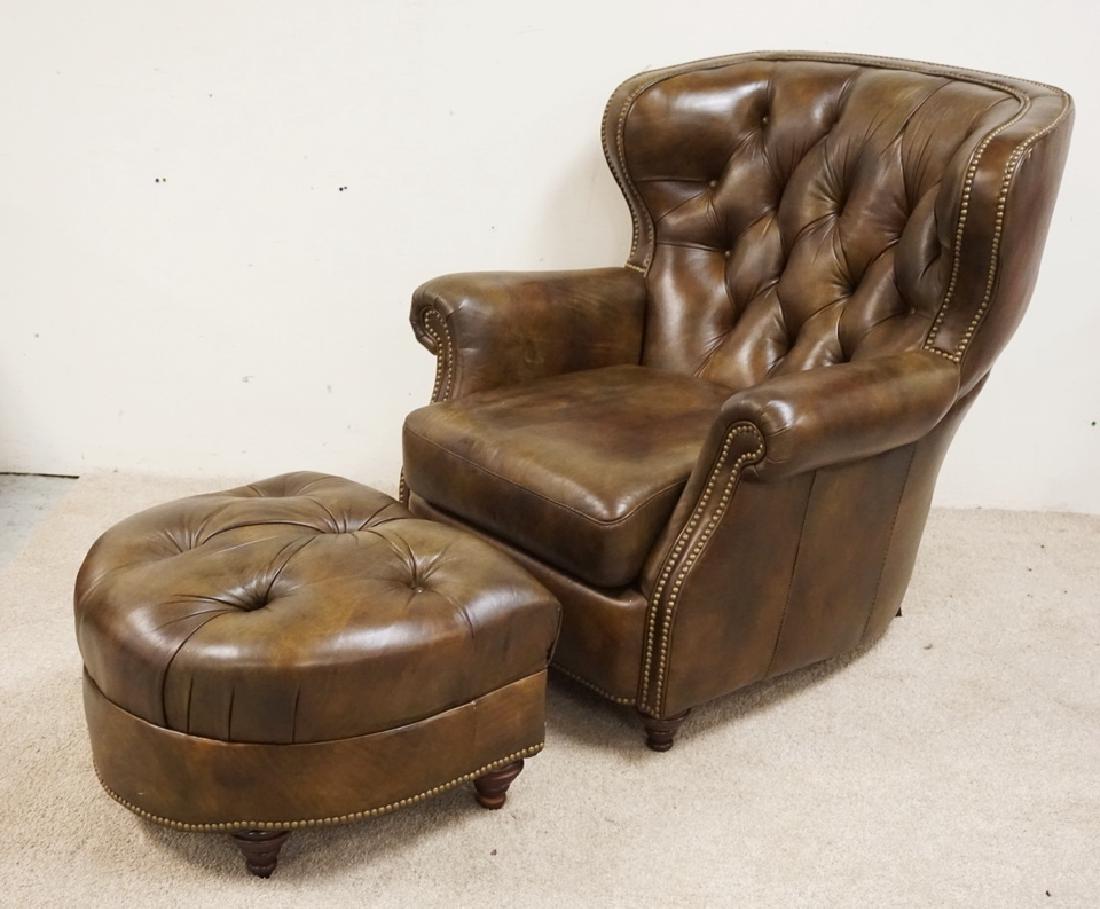 BRADINGTON YOUNG LEATHER CHAIR AND OTTOMAN. MISSING ONE (1 of 3)