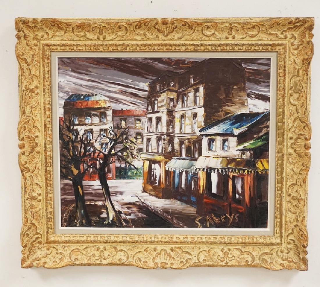 LEON-SCWARTZ ABRYS (FRENCH, 1905-1990) OIL PAINTING ON: LEON-SCWARTZ ABRYS (FRENCH, 1905-1990) OIL PAINTING ON BOARD OF A EUROPEAN STREET SCENE. SIGNED LOWER RIGHT. 23 1/2 X 19 1/4 INCHES.