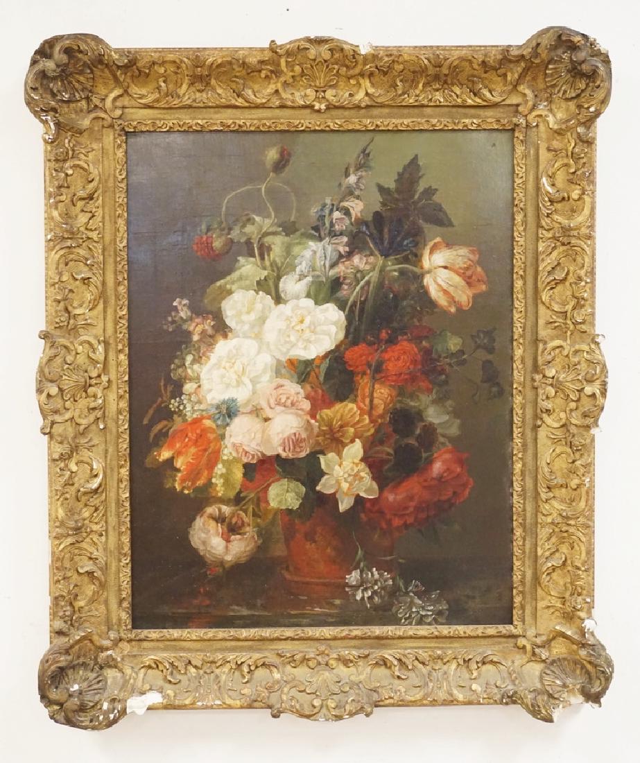 ANTIQUE STILL LIFE OIL PAINTING ON CANVAS OF FLOWERS IN