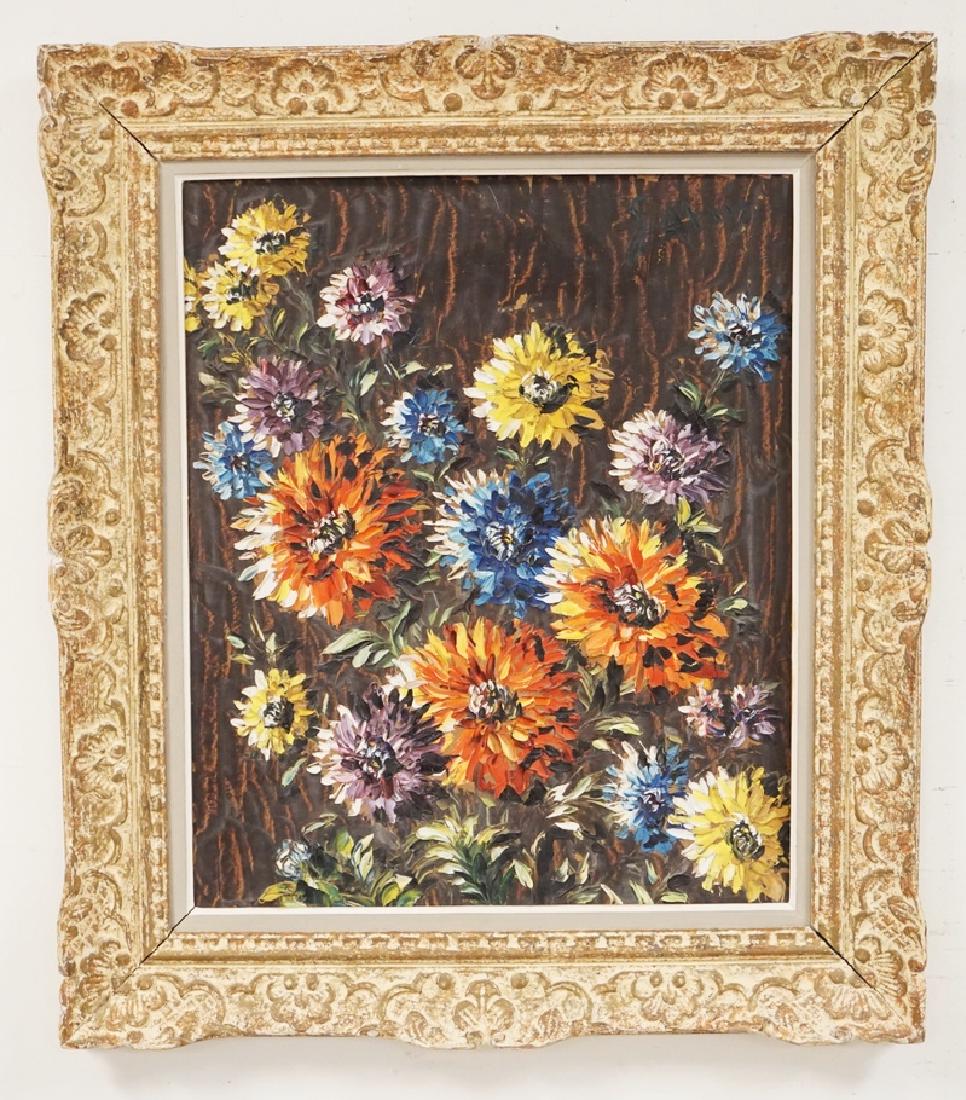 LEON-SCWARTZ ABRYS (FRENCH, 1905-1990) STILL LIFE OIL: LEON-SCWARTZ ABRYS (FRENCH, 1905-1990) STILL LIFE OIL PAINTING ON BOARD OF FLOWERS. SIGNED UPPER RIGHT. 20 1/2 X 25 INCHES.