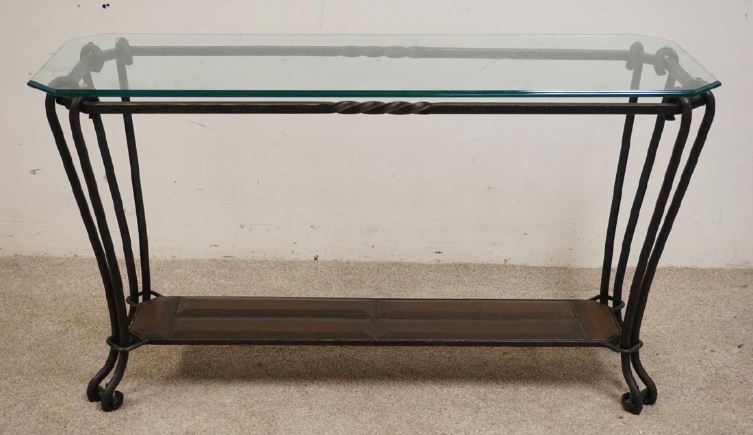 WROUGHT METAL CONSOLE TABLE WITH A GLASS TOP. 52 X 18 (1 of 2)