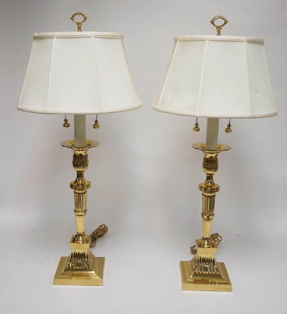 PAIR OF HEAVY BRASS TABLE LAMPS. 34 INCHES HIGH. (1 of 2)