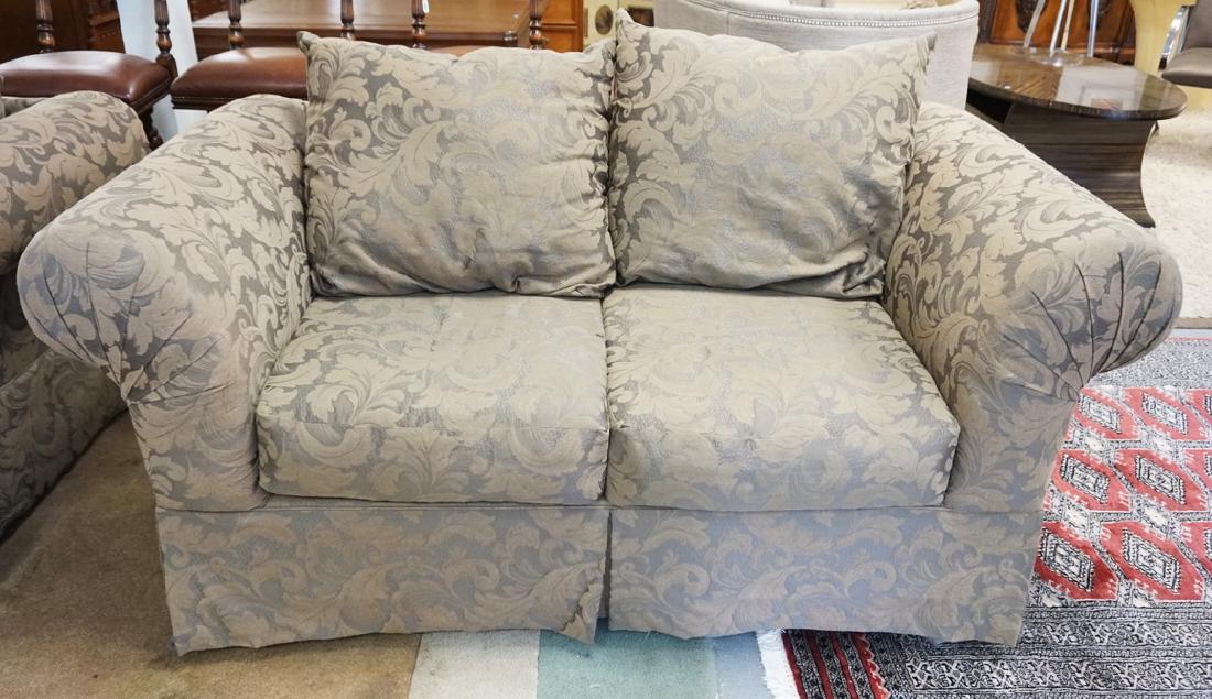 OLIVE GREEN FLORAL UPHOLSTERED LOVESEAT (1 of 2)
