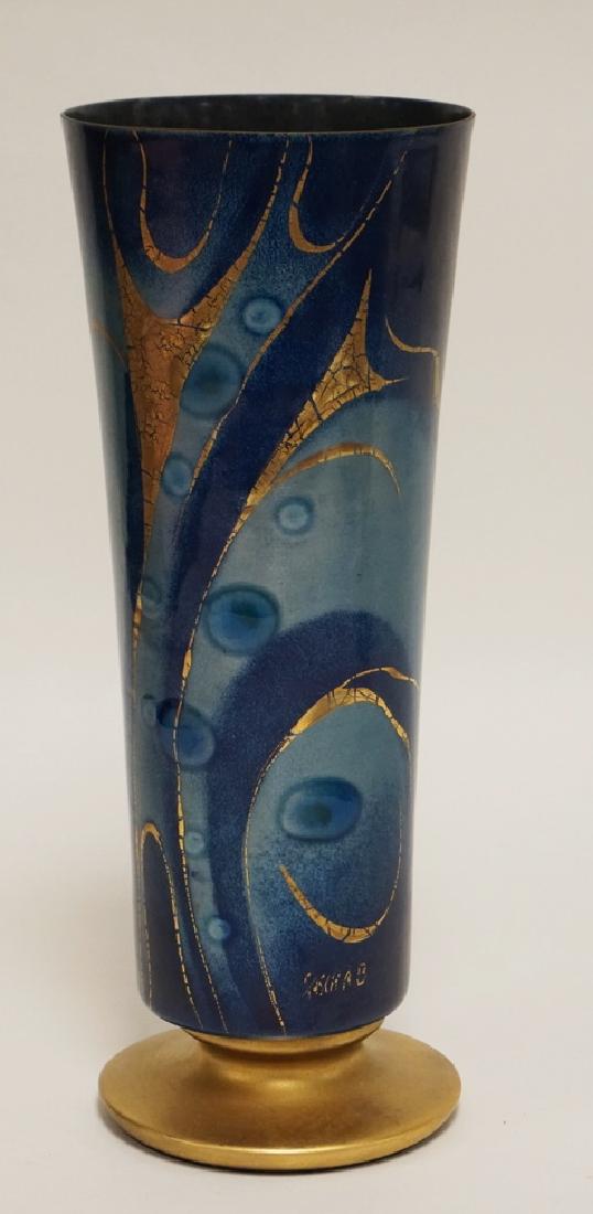 SASCHA BRASTOFF ENAMEL ON COPPER VASE IN COBALT BLUE: SASCHA BRASTOFF ENAMEL ON COPPER VASE IN COBALT BLUE AND GOLD. SIGNED *SASCHA B*. 11 1/2 INCHES HIGH.