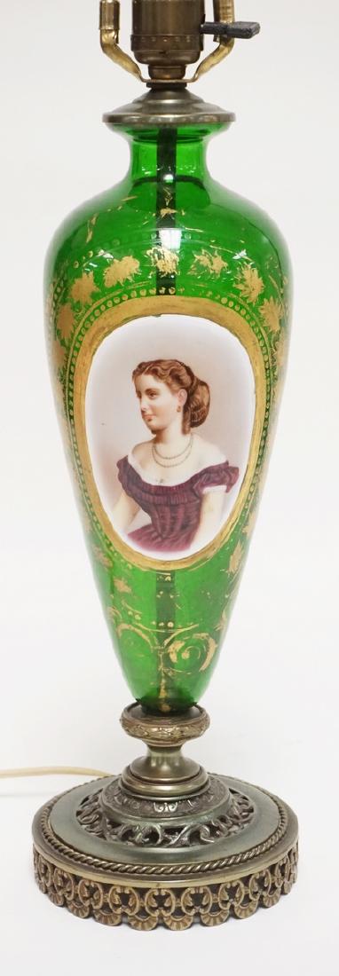 ANTIQUE EMERALD GREEN GLASS LAMP WITH A HAND PAINTED (1 of 4)