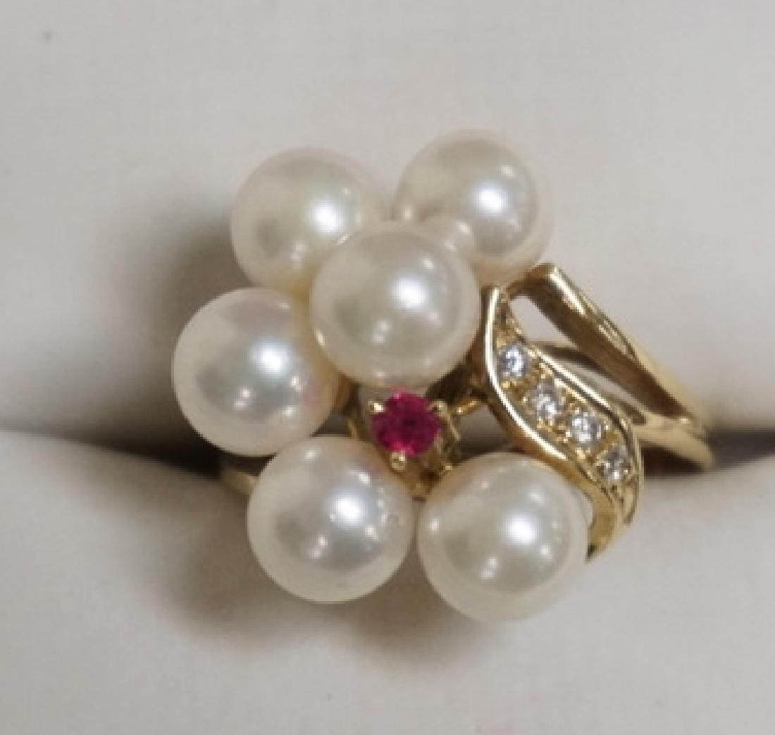 14K GOLD PEARL RING WITH A SMALL RUBY AND DIAMOND (1 of 1)