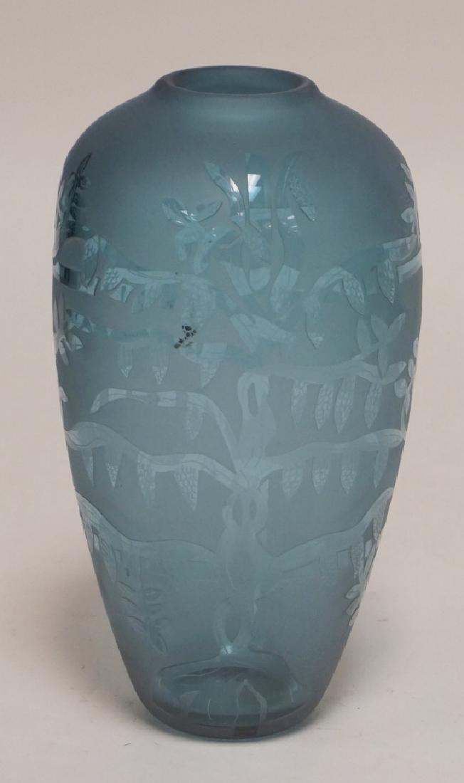 VANDERMARK ALEXANDRITE (NEODYMIUM) ART GLASS VASE WITH: VANDERMARK ALEXANDRITE (NEODYMIUM) ART GLASS VASE WITH AN CUTBACK DECORATION WITH TREES. 7 1/4 INCHES HIGH.