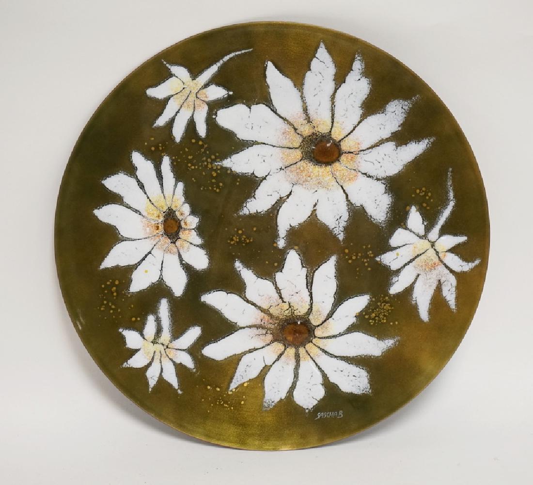 SASCHA BRASTOFF ENAMEL ON COPPER CHARGER DECORATED WITH: SASCHA BRASTOFF ENAMEL ON COPPER CHARGER DECORATED WITH FLOWERS. 13 1/2 INCH DIA.