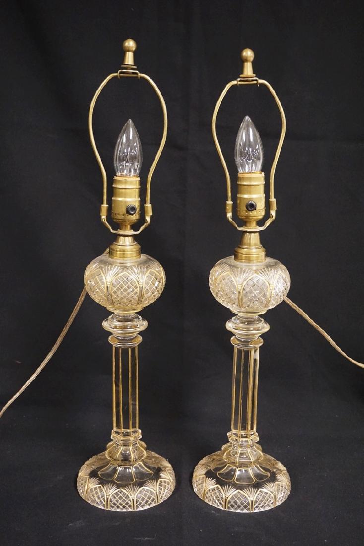 PAIR OF ANTIQUE CUT GLASS OIL LAMPS WITH GOLD