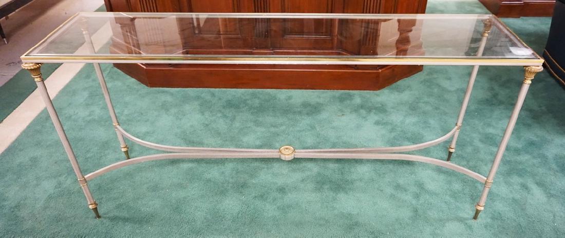BRASS & STEEL CONSOLE OR SOFA TABLE WITH A GLASS TOP. (1 of 2)