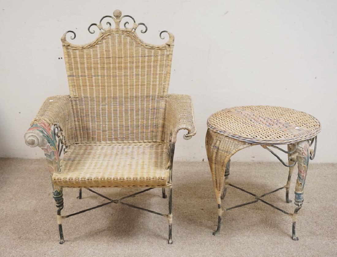 WICKER CHAIR AND SIDE TABLE WITH CARVED WOOD ACCENTS. (1 of 1)