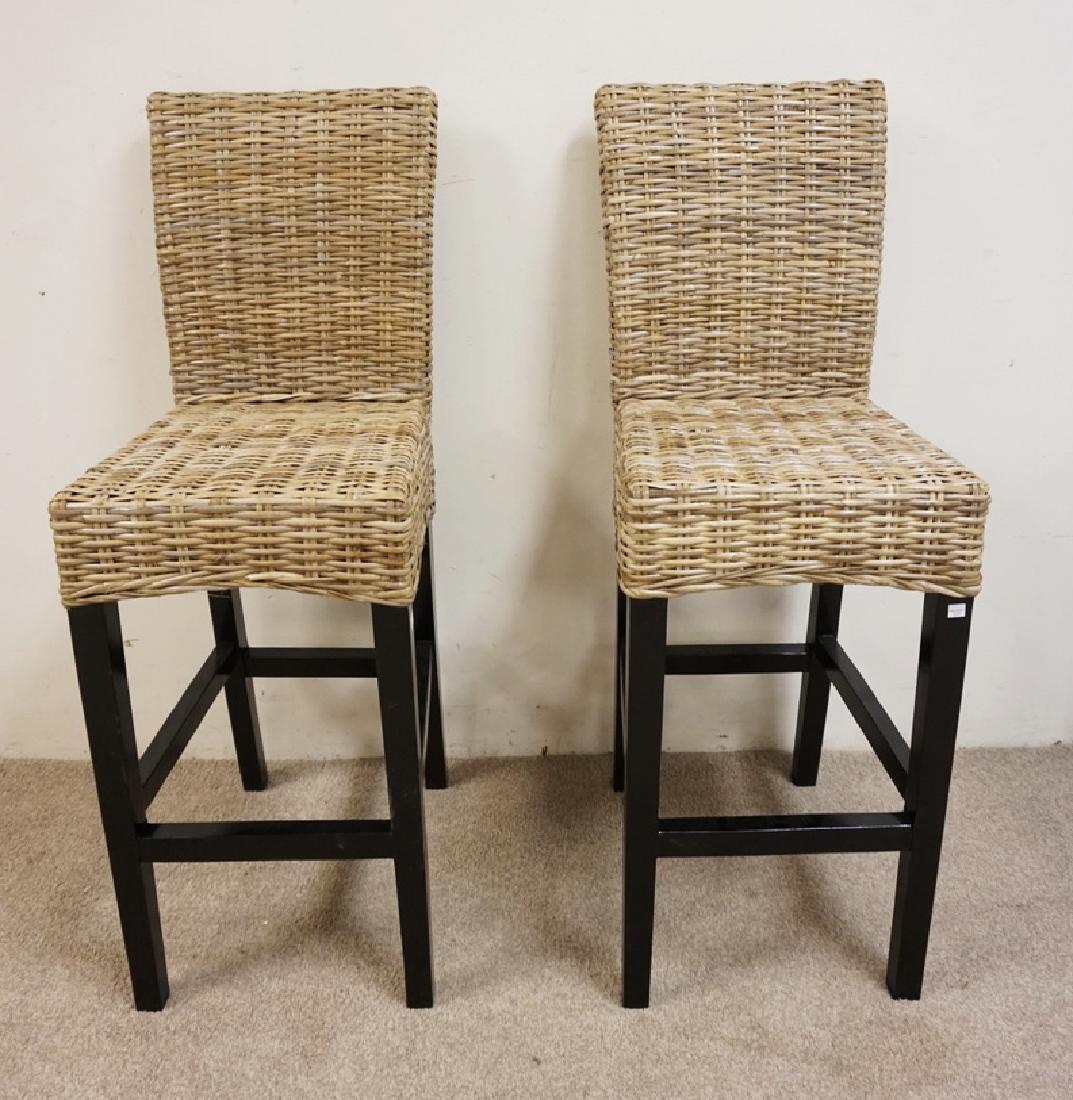 PAIR OF BAR STOOLS WITH WICKER SEATS AND BACK RESTS.: PAIR OF BAR STOOLS WITH WICKER SEATS AND BACK RESTS.