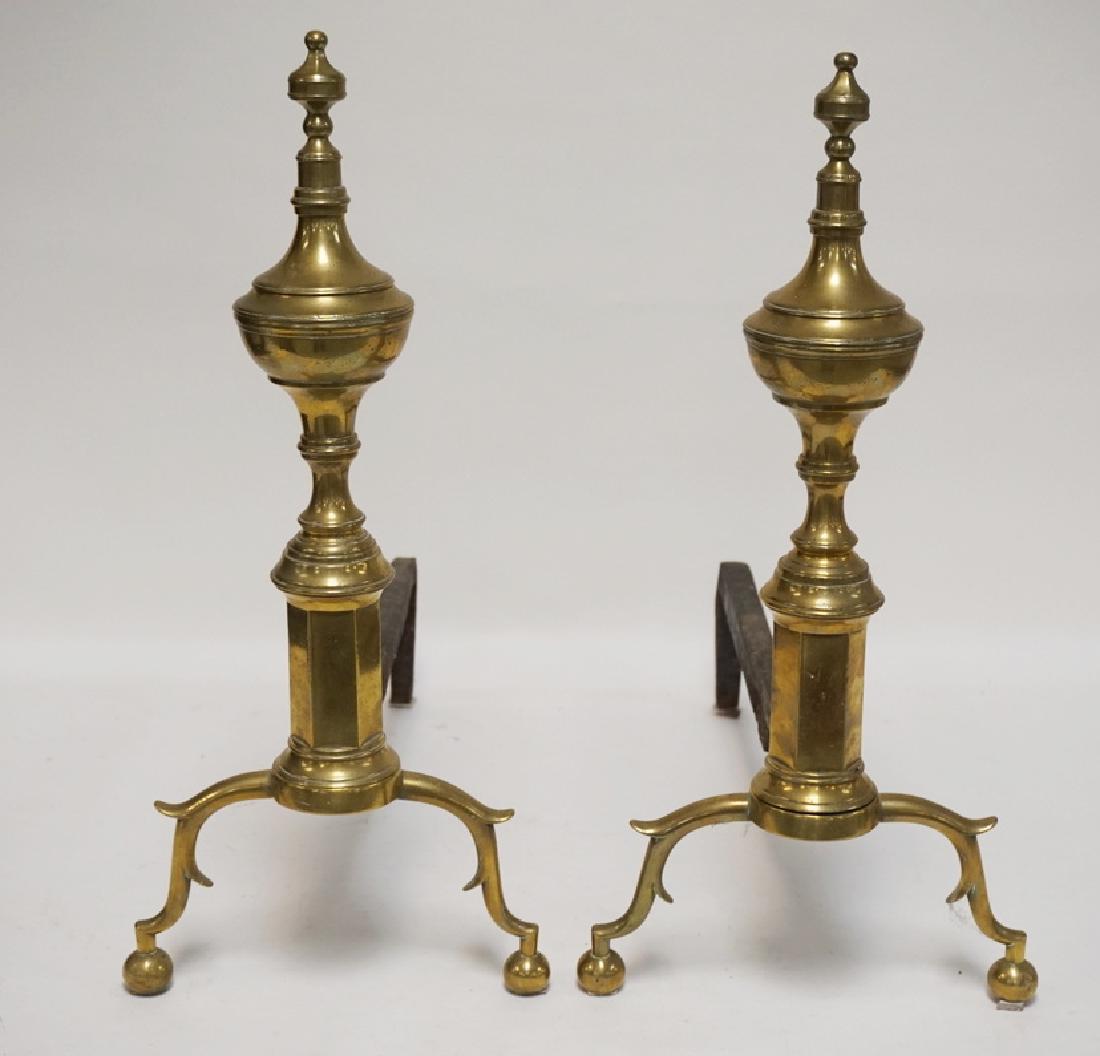 PAIR OF ANTIQUE BRASS ANDIRONS. 21 1/2 INCHES HIGH. (1 of 2)