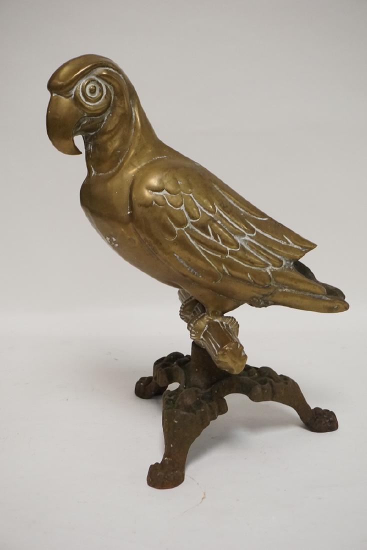BRASS PARROT ON A PERCH MOUNTED ON AN IRON STAND. 17 (1 of 1)