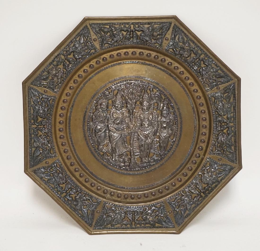 ASIAN BRASS TRAY WITH SILVER RELIEF DECORATION (1 of 2)